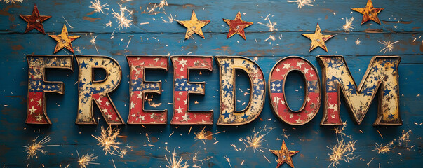 "Freedom" Sign with American Flag Design & Sparklers - Patriotic Decor