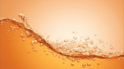 Close-up of vibrant orange liquid wave with smooth curves and floating bubbles, abstract texture of oil or beer splash for dynamic fluid design backgrounds