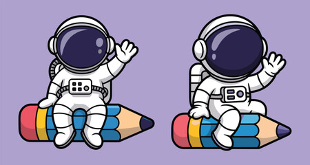 Cute astronaut riding pencil cartoon isolated on white background © Vector Vander