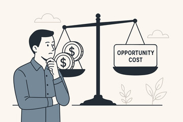 Opportunity cost concept illustration. Businessman weighing money on a balance scale. Financial decision, economic trade-off, investment choice, value analysis, and strategy.