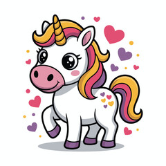 Cute cartoon unicorn with hearts vector illustration isolated on white background