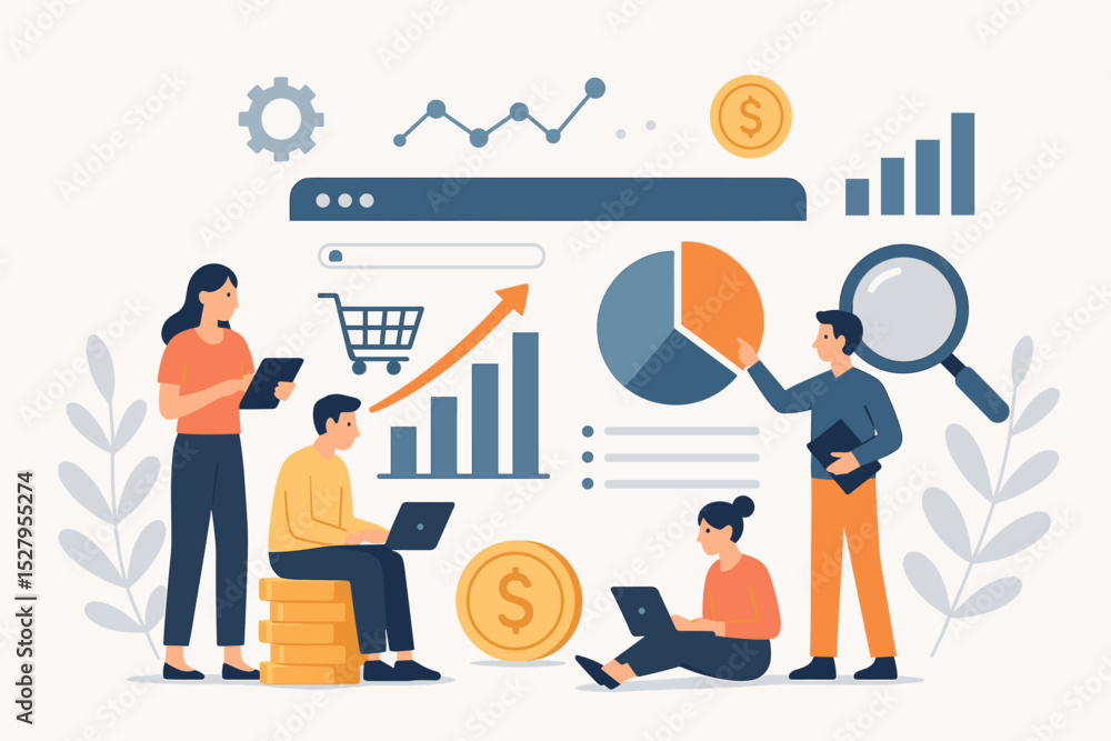 Poster e-commerce analytics concept. business team analyzing sales data on dashboard with charts. digital m