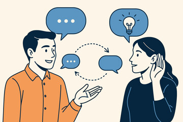Effective communication and active listening concept. Man and woman in dialogue, exchanging information and ideas. Collaboration and feedback loop with speech bubbles and lightbulb.