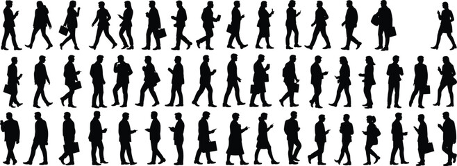 Vector illustration of business people silhouettes walking, talking, using smartphones, carrying bags, representing urban office lifestyle and communication