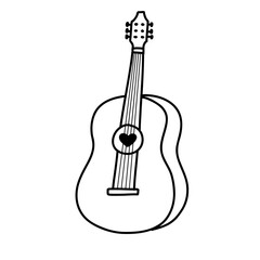 Fototapeta premium Cute hand drawn acoustic guitar with heart love icon doodle vector illustration black white outline stroke line art sketch modern minimalist happy world music musical instrument day