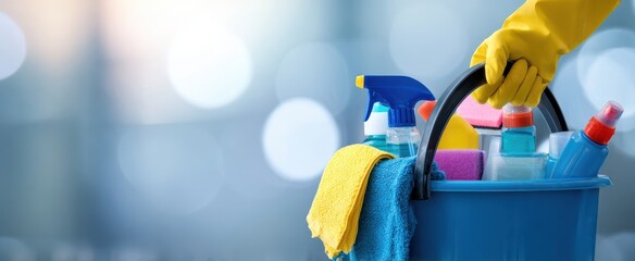 The cleaning bucket filled with vibrant supplies for effective house maintenance