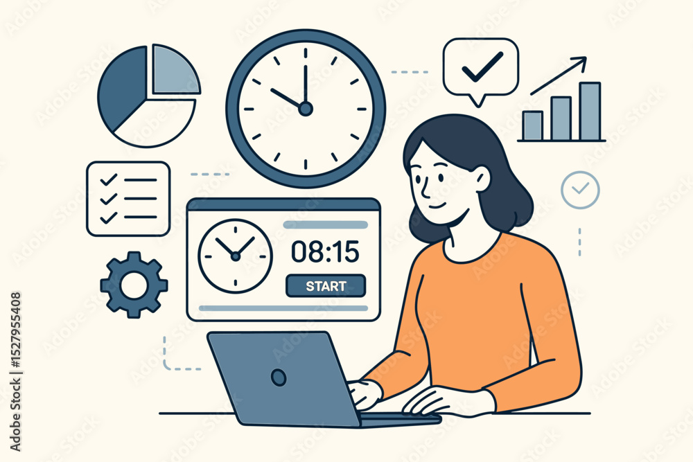 Poster time management concept with woman using time tracking app on laptop. business project planning for 
