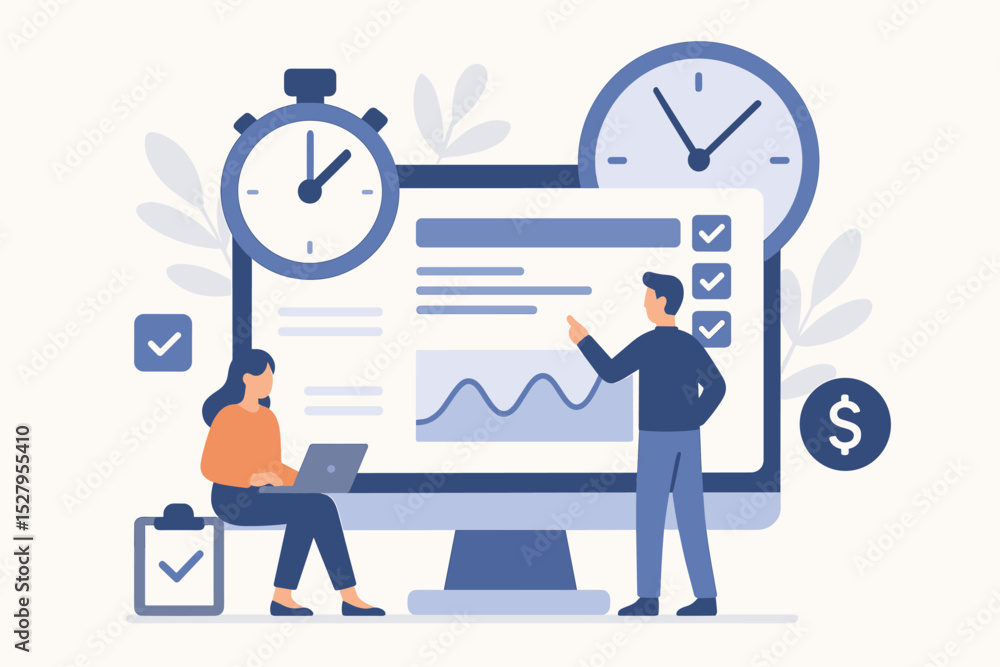 Aufkleber time management concept for business efficiency. people tracking tasks on dashboard. project plannin