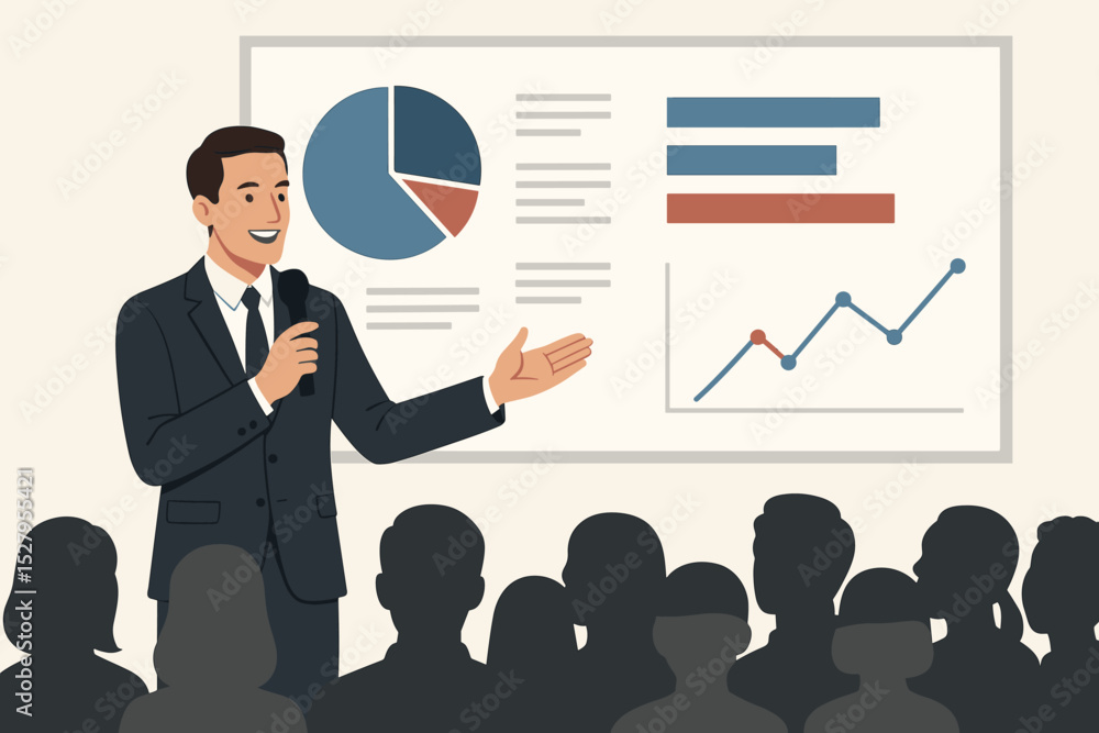 Poster businessman giving a presentation at a conference. public speaker with microphone talking to an audi