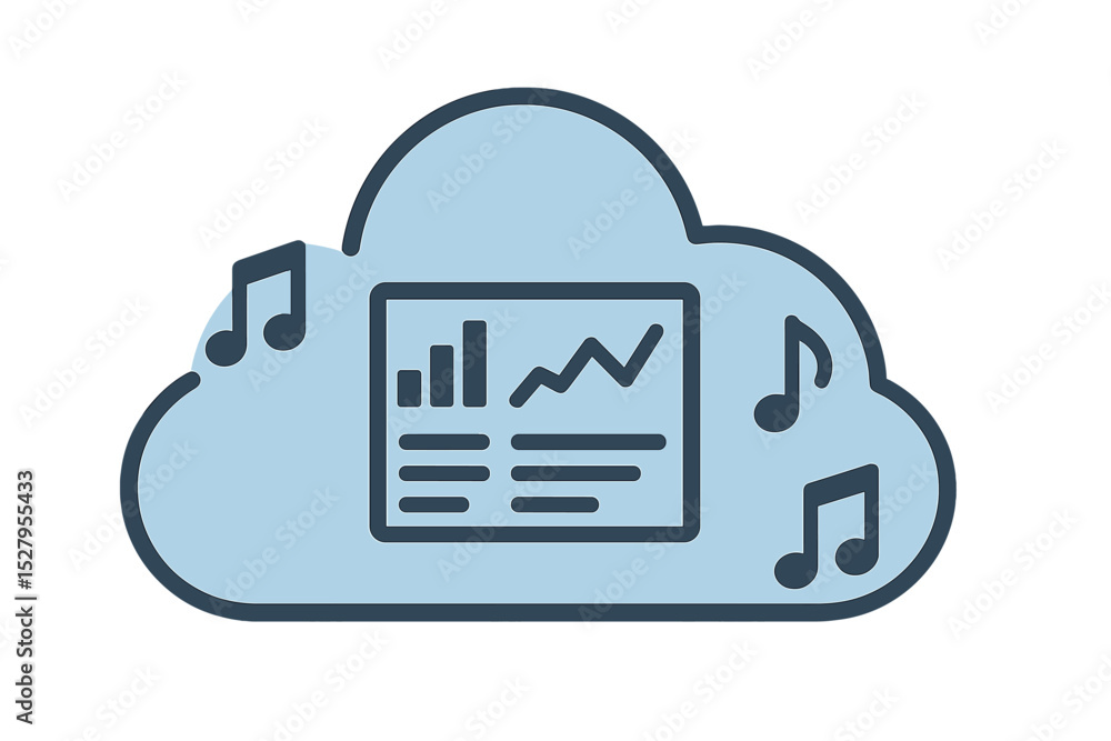 Poster cloud computing illustration with data graphs and musical notes for online music streaming