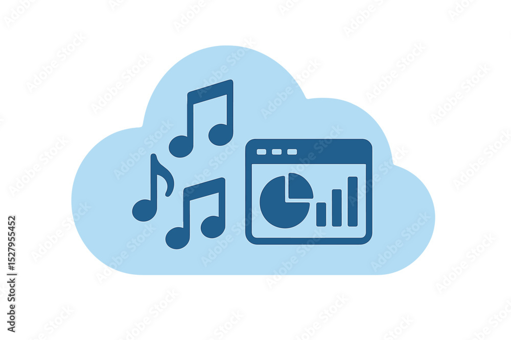 Poster cloud symbol with musical notes and graph window cartoon vector icon