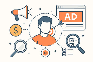 Behavioral targeting vector concept. Digital marketing strategy with user profile analysis for personalized advertising. Audience segmentation and customer data for targeted online ads.