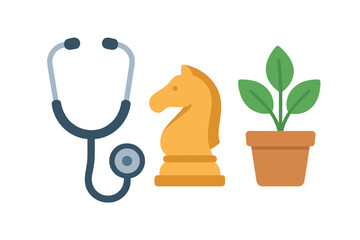 Three illustrations representing health, strategy, and growth side by side isolated on white background