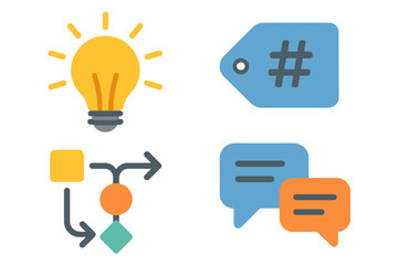 Flat design icons depicting idea, hashtag, workflow diagram, and communication bubble