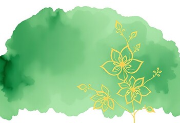 Green watercolor wash with gold floral line art; organic shapes,   watercolor background,  vector