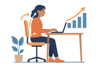 Cartoon woman at desk working on laptop, good posture shown with arrows, rising bar graph indicating progress