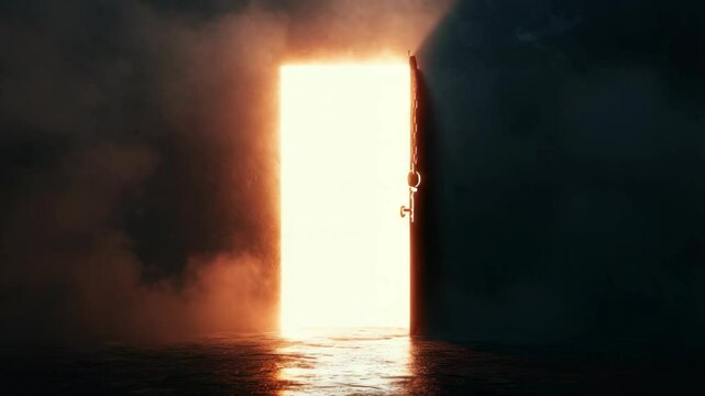 Mysterious glowing doorway with bright orange light beams surrounded by smoke in a dark, moody environment symbolizing unknown passage