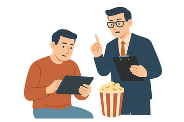 Man Watching Movie on Tablet while Other Man Points Finger with Clipboard Next to Popcorn