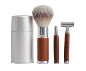 A stylish grooming kit set featuring a razor and shaving brush with wood accents, on a dark background.
