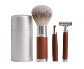 A stylish grooming kit set featuring a razor and shaving brush with wood accents, on a dark background.