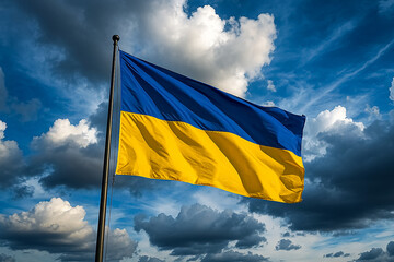 Ukrainian national flag waving in the wind under a dramatic cloudy sky.