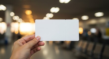 Blank Boarding Pass Held in Hand at Airport Terminal: A Versatile Mockup for Travel, Events, and Advertising with Blurry Background, Perfect for Customizable Designs and Vacation Concepts