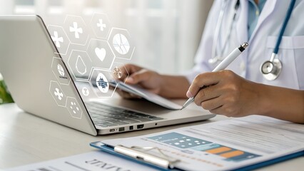 Online medical checklist and documentation system in use by doctor, concept of smart healthcare. physician assessment expert checks patient care quality, hospital assessment of treatment 