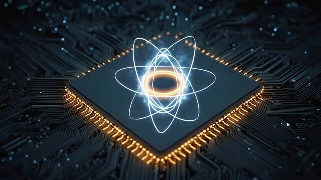 A glowing quantum atom symbol hovers above a computer microchip, representing advanced quantum computing technology.