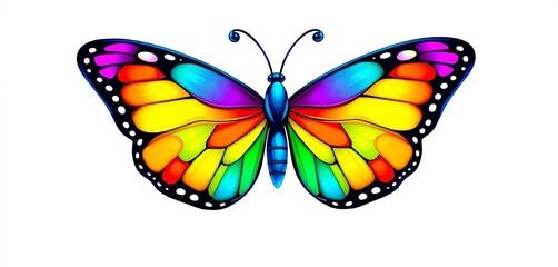 Vibrant cartoon butterfly with colorful wings on white background,  happy,  stock illustration