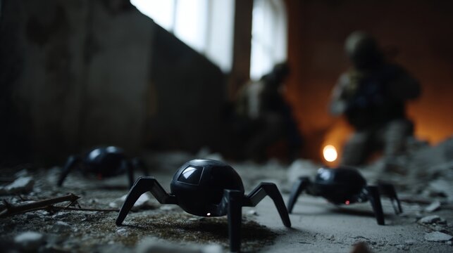 A of throwable microbots camouflaged for stealth landing on various surfaces within a crumbling interior focused on gathering environmental data amidst the chaos.