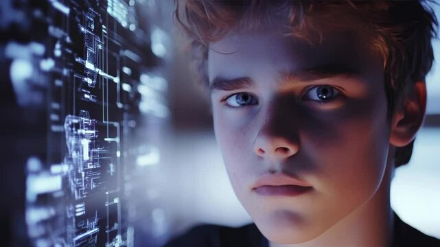Close-up of a teen boy looking at a glowing digital display, realistic photo style, in a dark tech-lit room, concept of youth and technology - Powered by Adobe