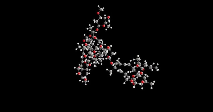 Ivermectin molecule, rotating 3D model of antiparasitic drug, looped video on a black background
