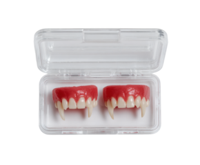 A pair of vampire fangs in a case, ready for a spooky Halloween look.