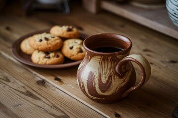 A Rustic Handcrafted Ceramic Mug with Homemade Chocolate Chip Cookies