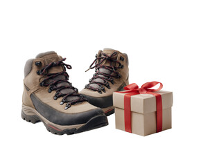Hiking boots and a gift box, perfect for adventure and outdoor enthusiasts.