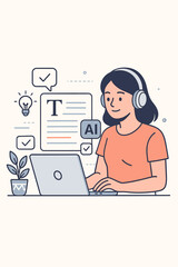 AI writing assistant concept. Woman at laptop using artificial intelligence for content creation and copywriting. Technology for text generation, editing, proofreading and automation.