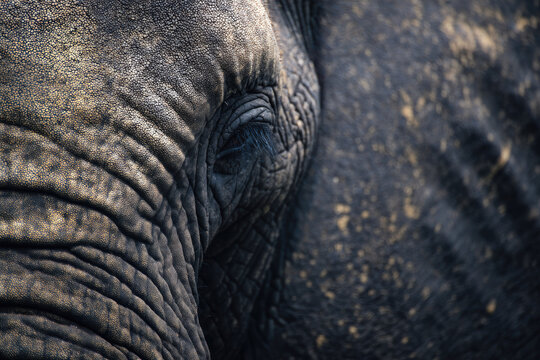 Close up of elephant textured skin and eye, showcasing intricate patterns and tear lines. image captures gentle and wise expression of majestic animal