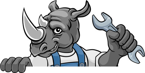 A rhino cartoon animal mascot plumber, mechanic or handyman builder construction maintenance contractor peeking around a sign holding a spanner or wrench