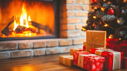 Christmas Cheer: Cozy ambiance in front of a fireplace with wrapped gifts and decorated Christmas tree, creating a warm and inviting holiday setting.
