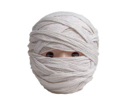 A spooky mummy doll with bandages, perfect for a Halloween theme.