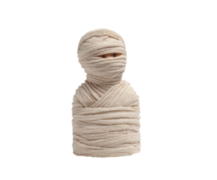 A miniature mummy, wrapped in bandages, a perfect halloween decoration.