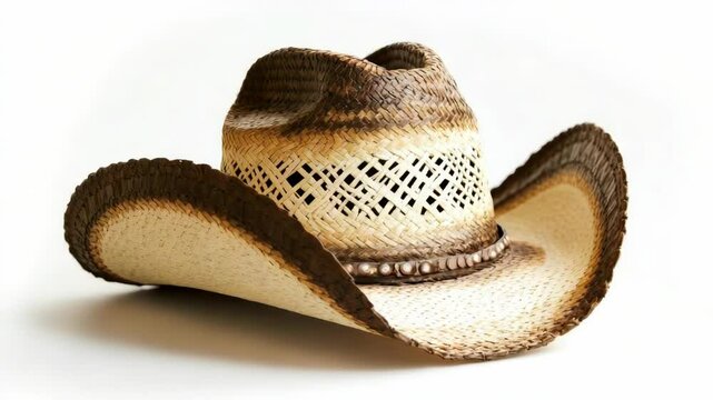 Woven straw cowboy hat with curved brim and decorative band, realistic style on white background. Concept of western fashion and rural lifestyle