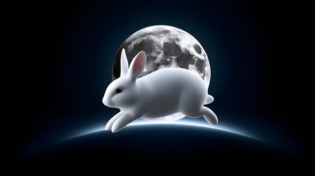 Rabbit jumping over the Earth against the moon