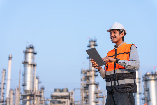 Happy handsome Asian man petrochemical engineer using walkie talkie with petroleum oil refinery in industrial estate background. Engineers at industry manufacturing.