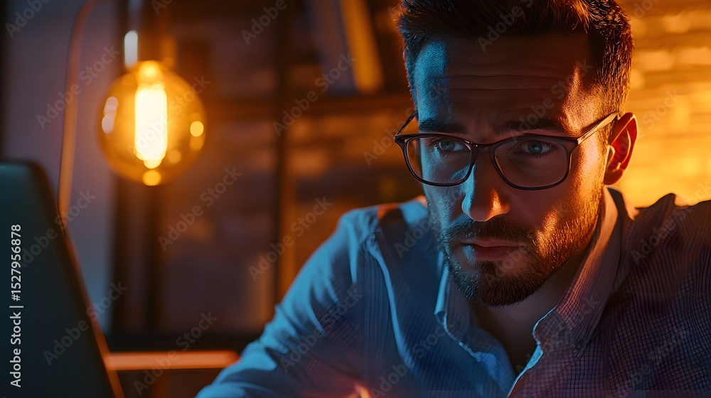 Poster man actively using a laptop to browse the internet while seated at a desk in a contemporary workspac