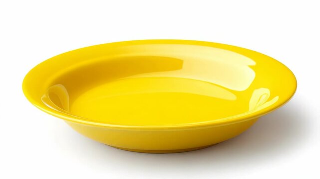 Glossy yellow ceramic plate with smooth surface, photographed on a clean white background, symbolizing simple tableware design