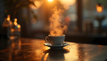 A cup of coffee steaming in golden light
