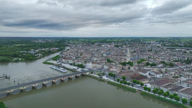 Twilight over Libourne from a drone, Gironde, Nouvelle-Aquitaine, Saint-&Eacute;milion and Pomerol, Southwestern France, Europe