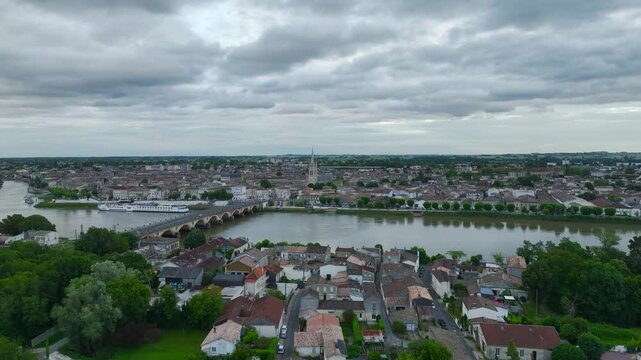 Twilight over Libourne from a drone, Gironde, Nouvelle-Aquitaine, Saint-&Eacute;milion and Pomerol, Southwestern France, Europe