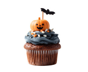 A delightful Halloween cupcake with pumpkin and bat decorations.